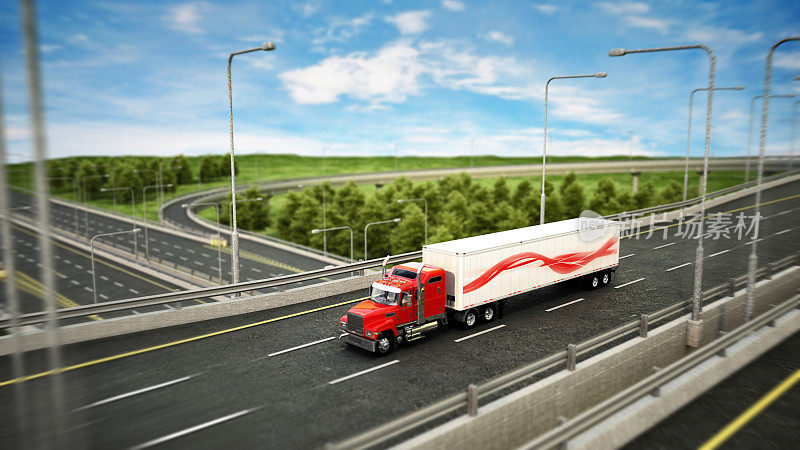 Semi-truck with container moving on the road, cargo transportation and distribution concept